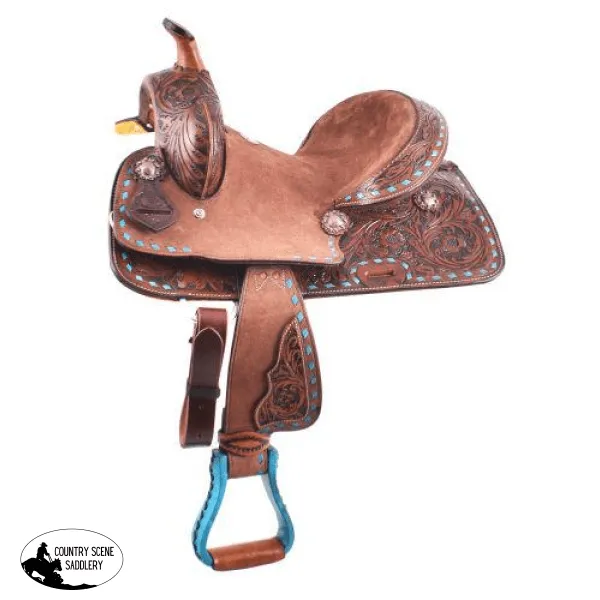 10" Double T  Pony hard seat barrel style saddle with turquoise buckstitch trim.