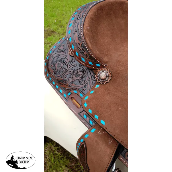 12"Double T  Youth hard seat barrel style saddle with turquoise buckstitch trim ~