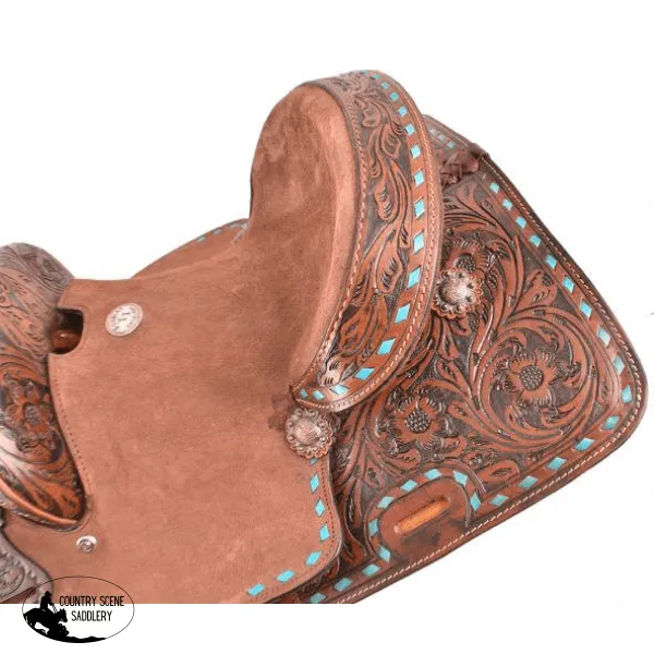 12"Double T  Youth hard seat barrel style saddle with turquoise buckstitch trim ~