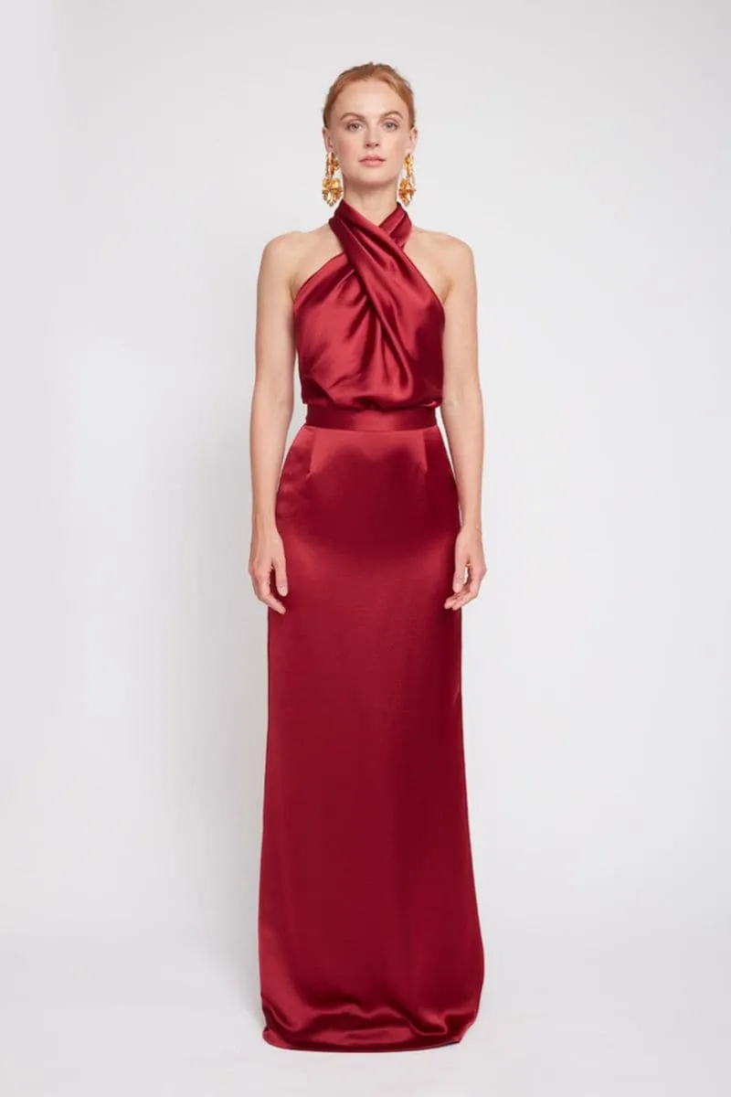 ALIUR DEEP RED HALTER NECK EVENING DRESS