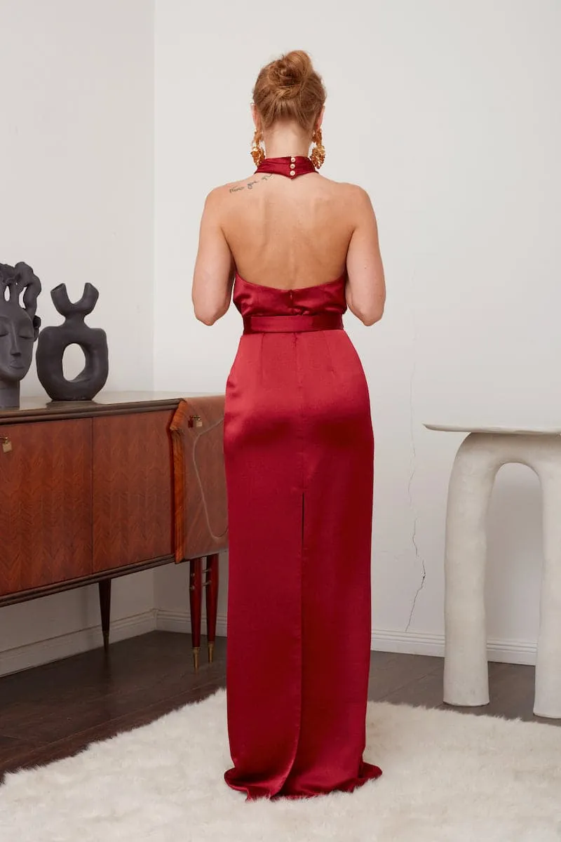 ALIUR DEEP RED HALTER NECK EVENING DRESS