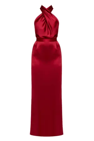 ALIUR DEEP RED HALTER NECK EVENING DRESS