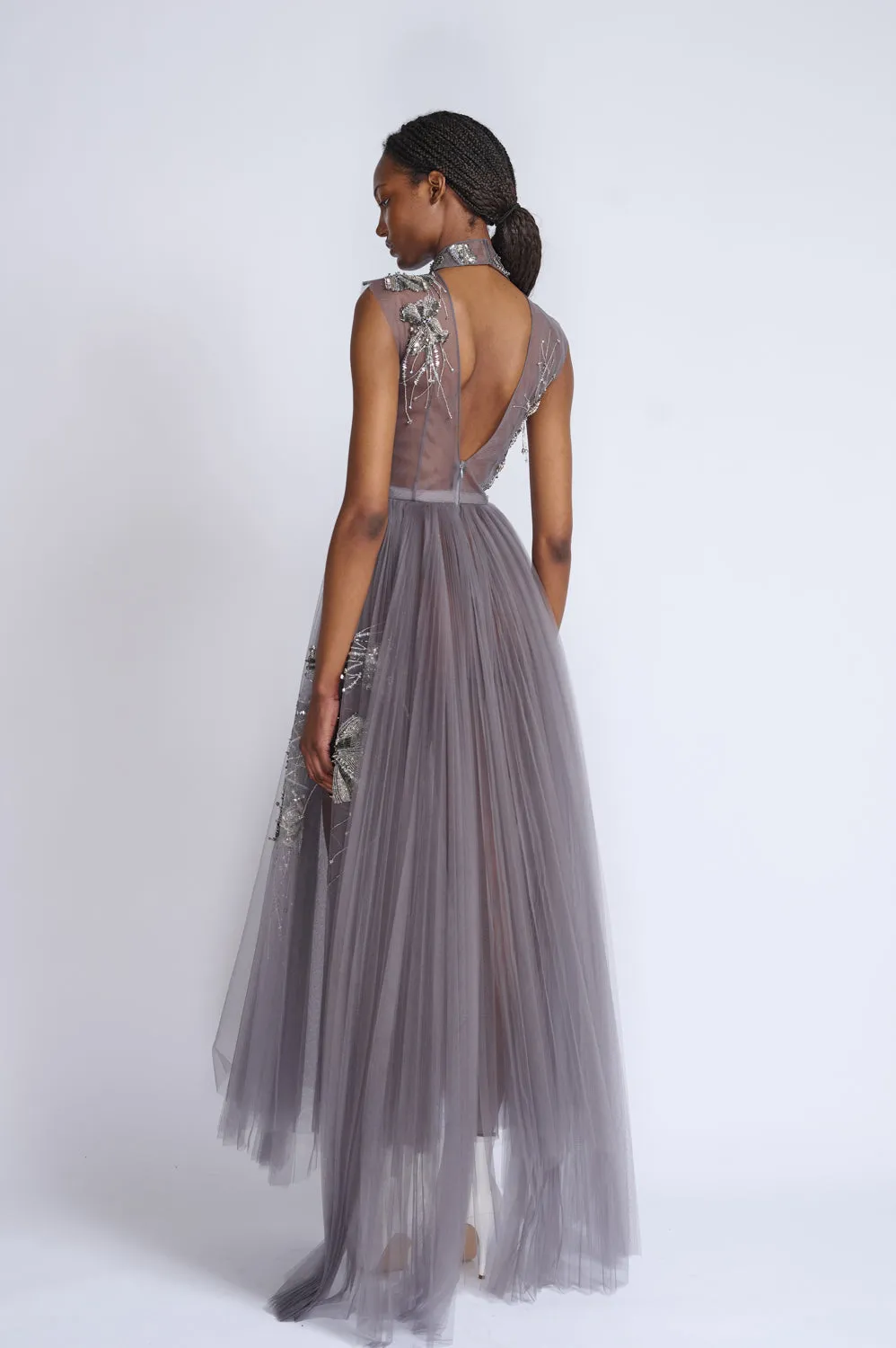 Black Diamond Fleur Embroidered Storm Gray Plisse Tulle Dress