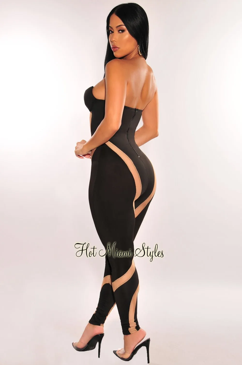 Black Nude Mesh Padded Strapless Underwire Jumpsuit