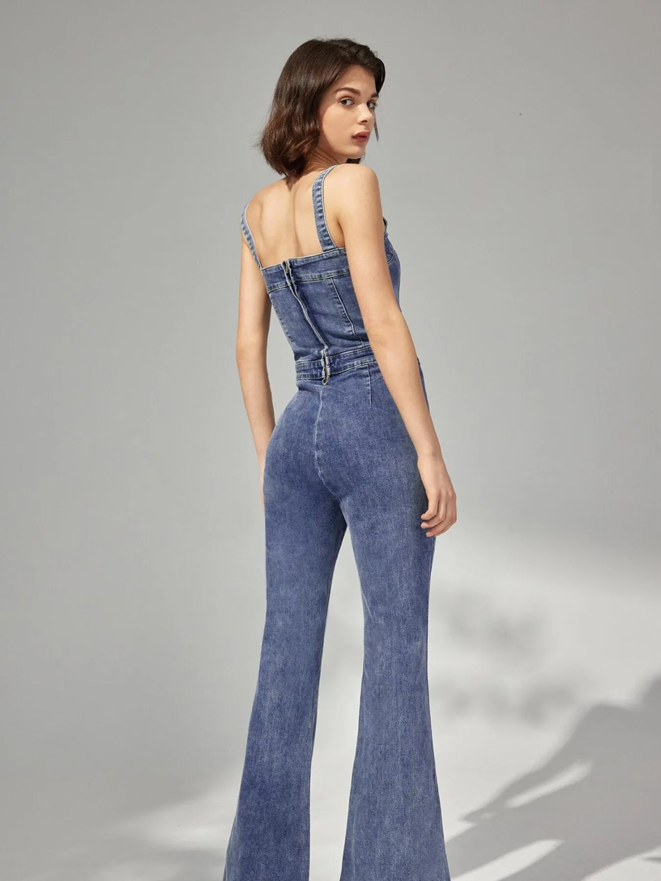 Button Flare Leg Denim Jumpsuit