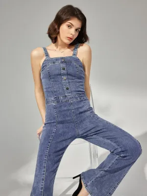 Button Flare Leg Denim Jumpsuit