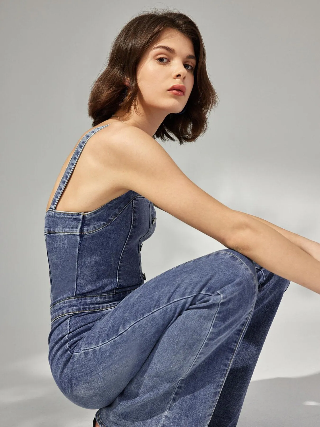 Button Flare Leg Denim Jumpsuit