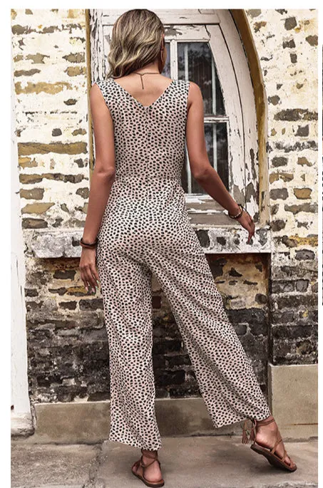 Casual High Waist Sleeveless Tie-Up Leopard Wholesale Jumpsuit