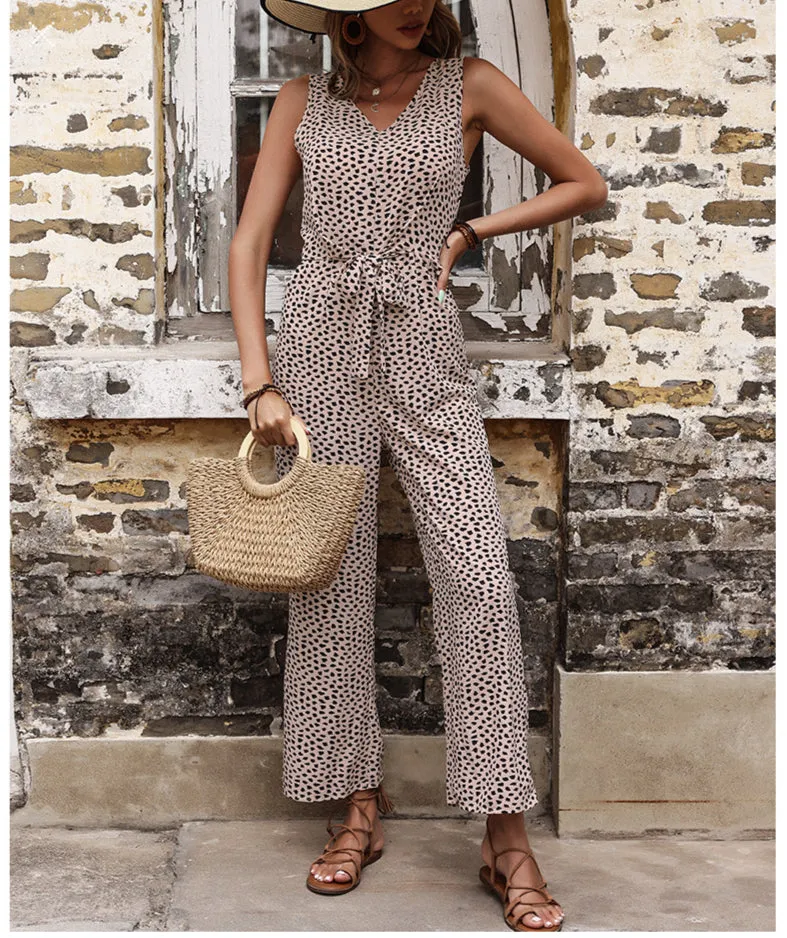 Casual High Waist Sleeveless Tie-Up Leopard Wholesale Jumpsuit