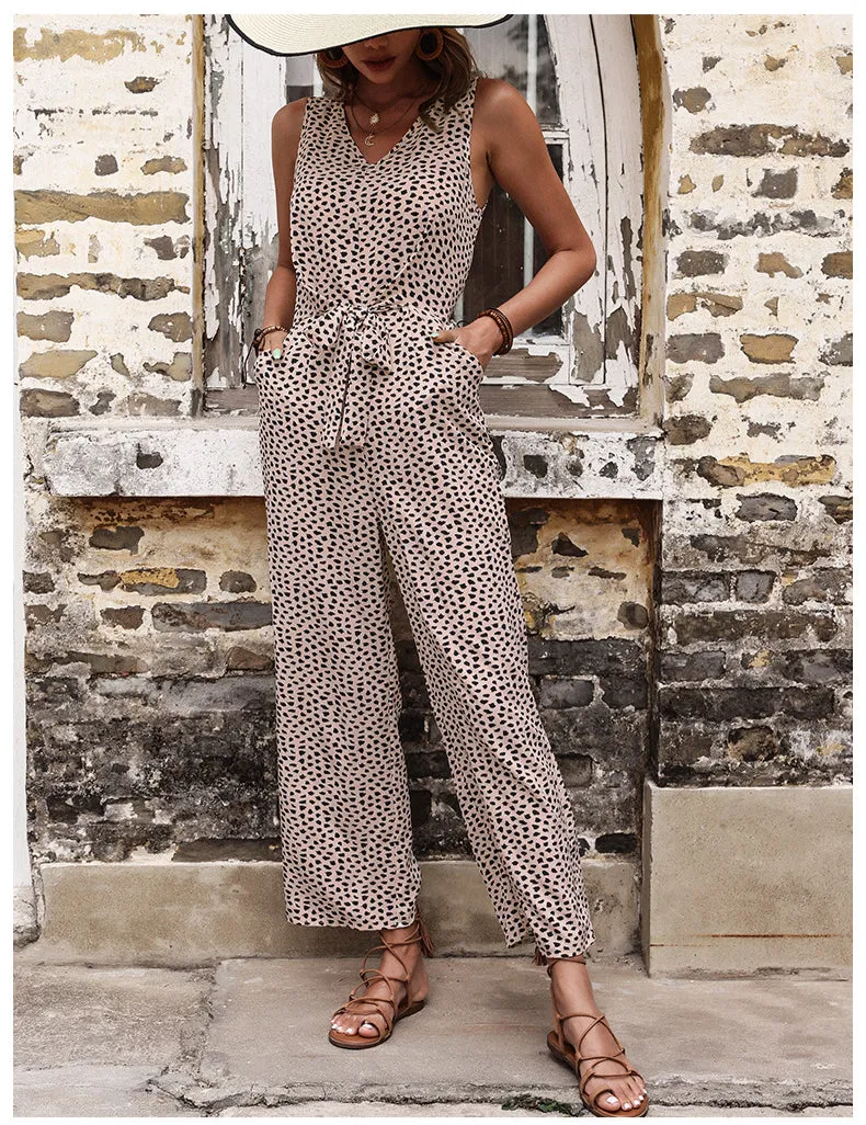 Casual High Waist Sleeveless Tie-Up Leopard Wholesale Jumpsuit