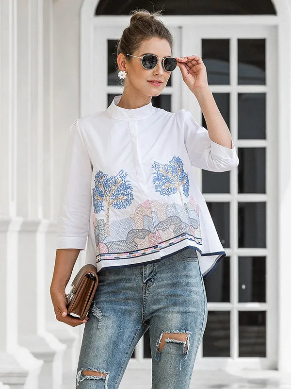 Casual Three-Quarter Sleeves Loose Embroidered Stand Collar Blouses&Shirts Tops