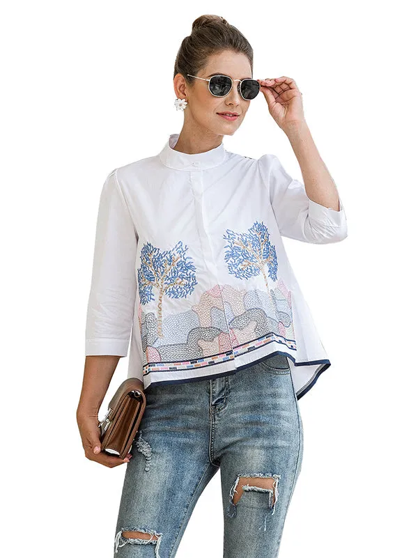 Casual Three-Quarter Sleeves Loose Embroidered Stand Collar Blouses&Shirts Tops