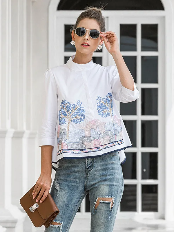 Casual Three-Quarter Sleeves Loose Embroidered Stand Collar Blouses&Shirts Tops