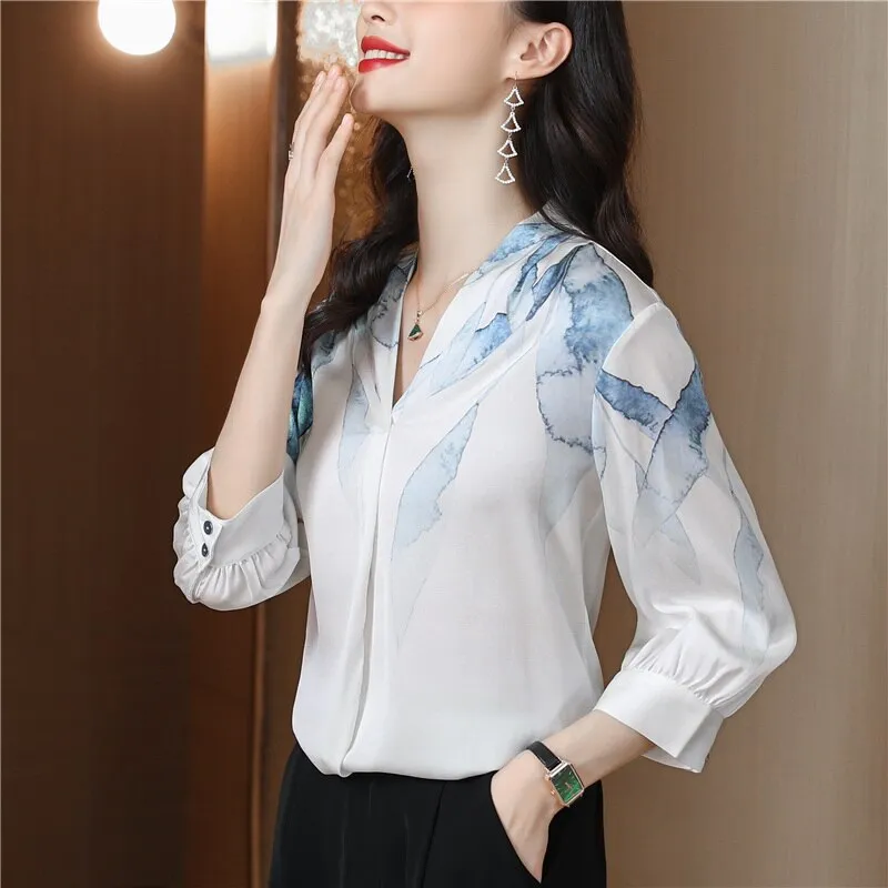 deanwangkt elegant ladies shirts Fashion printing women blouses New chic Spring autumn causal half sleeve slim blouses mujer blusas