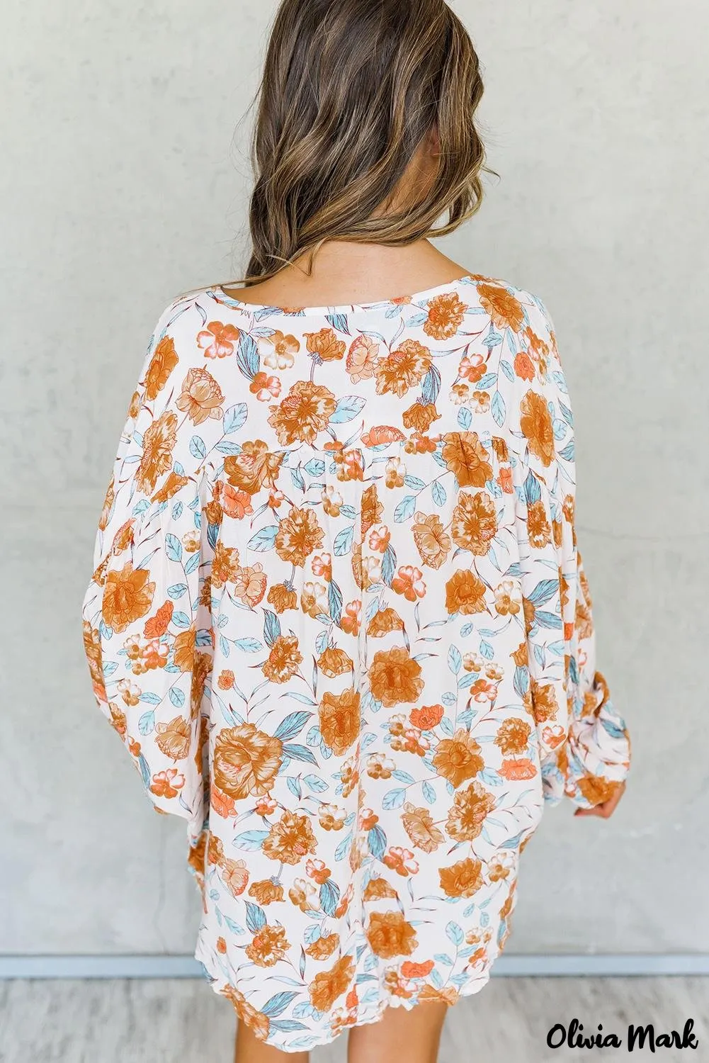 Deanwangkt - Orange Floral Print V-Neck Slit Dolman Blouse