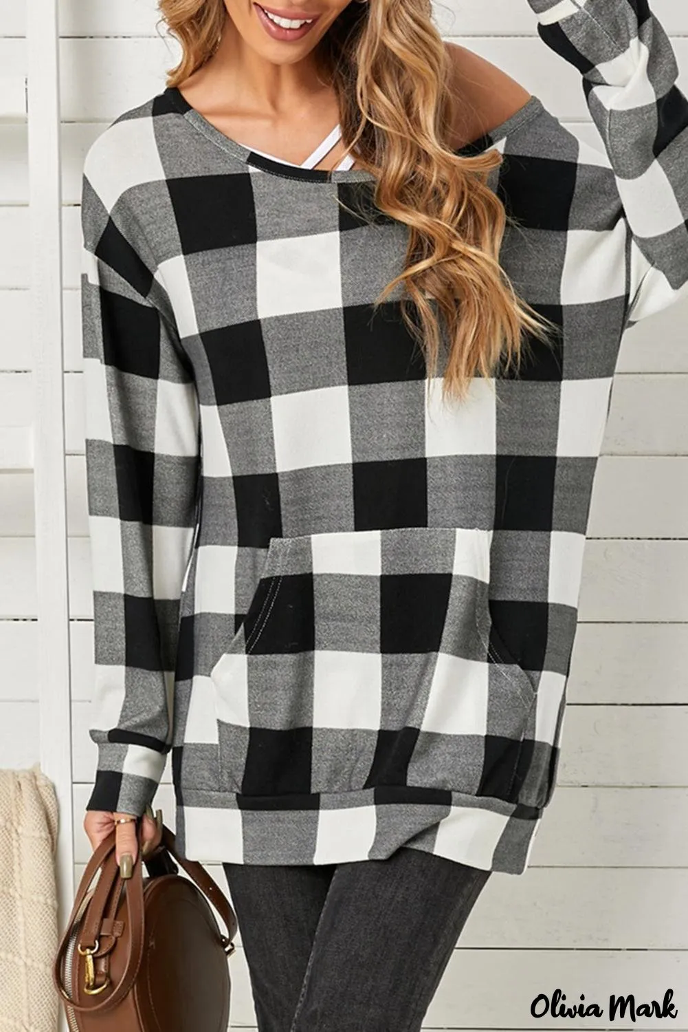 Deanwangkt - Plaid Kangaroo Pocket Long Sleeve Blouse