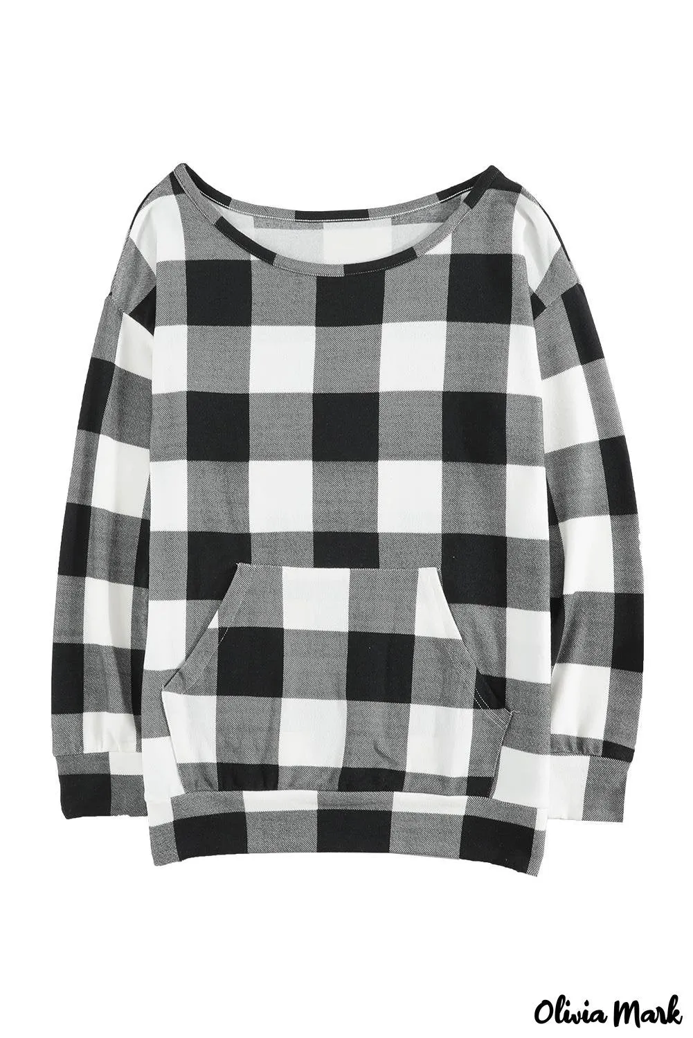 Deanwangkt - Plaid Kangaroo Pocket Long Sleeve Blouse