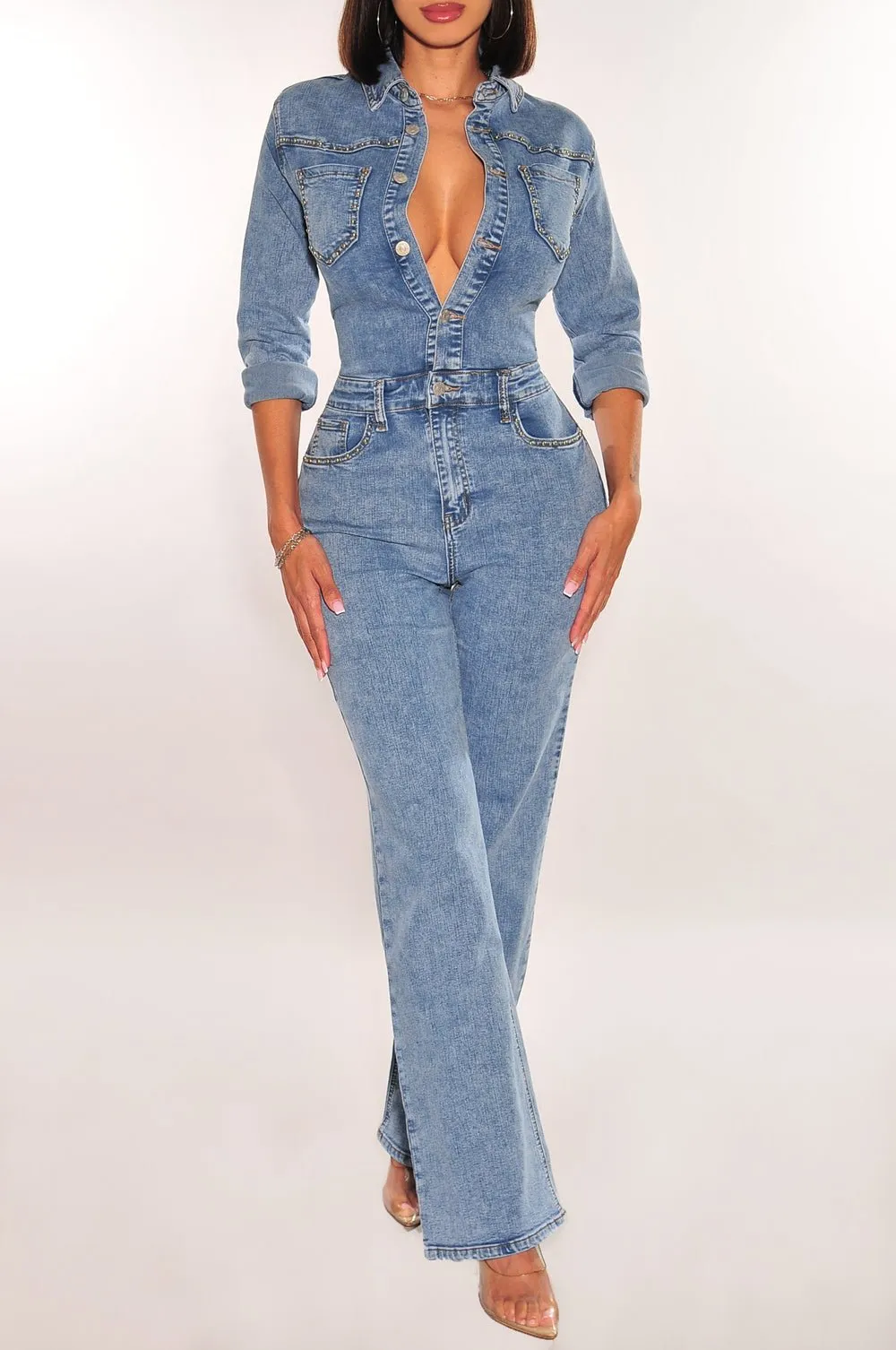 Denim Long Sleeve Collared Button Up Jumpsuit