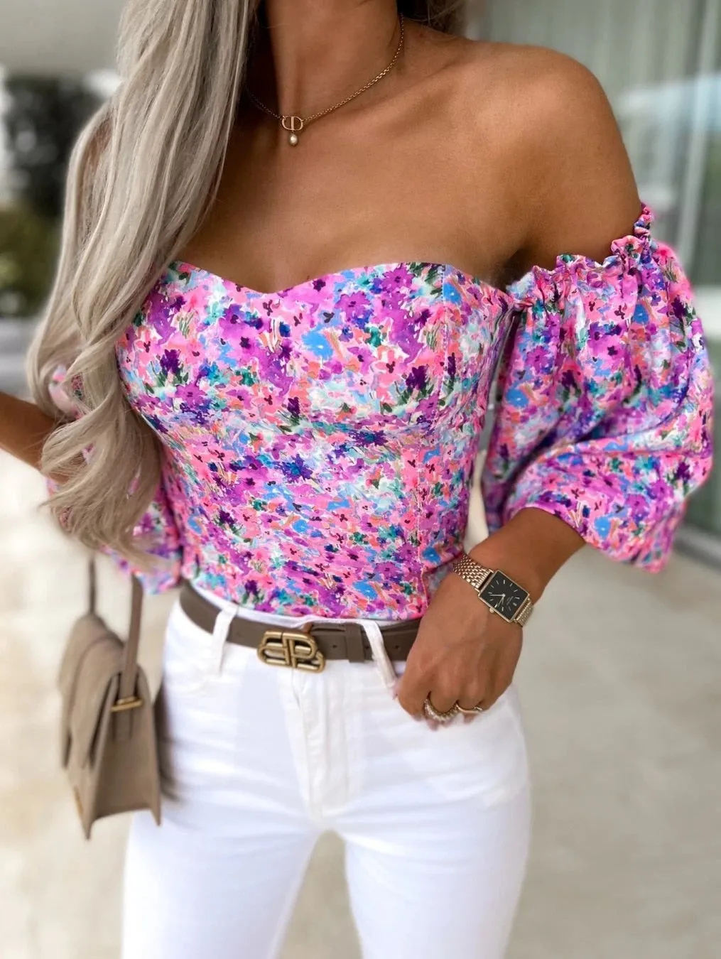 DressBetty - Women Sexy Top Summer Off Shoulder Floral Blouses Holiday Slash Neck Tops