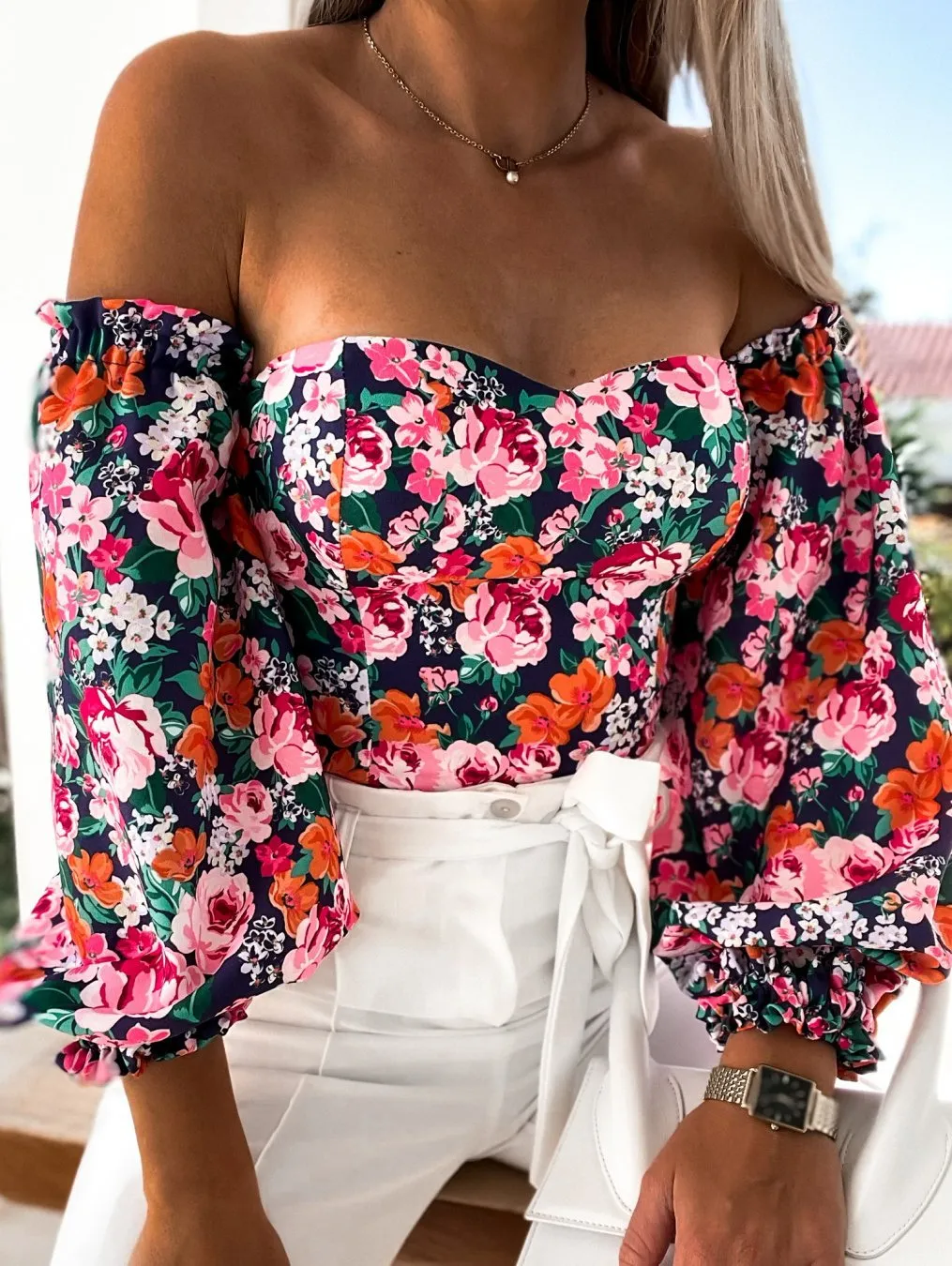 DressBetty - Women Sexy Top Summer Off Shoulder Floral Blouses Holiday Slash Neck Tops