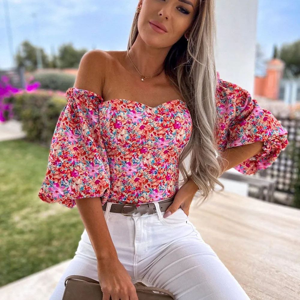 DressBetty - Women Sexy Top Summer Off Shoulder Floral Blouses Holiday Slash Neck Tops