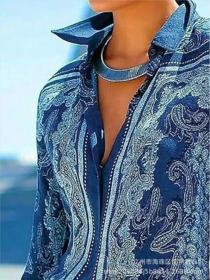 Fashion casual temperament printed lapel long sleeve shirt