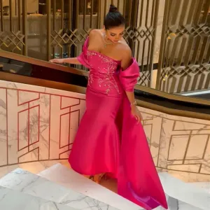 Fuchsia Mermaid Dubai Luxury Evening Dresses with Cape Shawl Arabic Women Long Wedding Party Guest Gowns