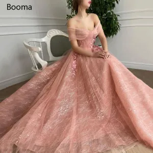 Graduation Gifts Pastel Pink Lace Prom Dresses Off the Shoulder Ruched Tulle 3D Flowers Evening Dresses Open Back A-Line Formal Prom Gowns