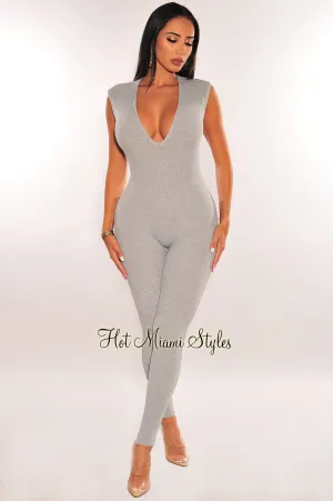 Gray Ribbed Knit Low Plunge Sleeveless Jumpsuit