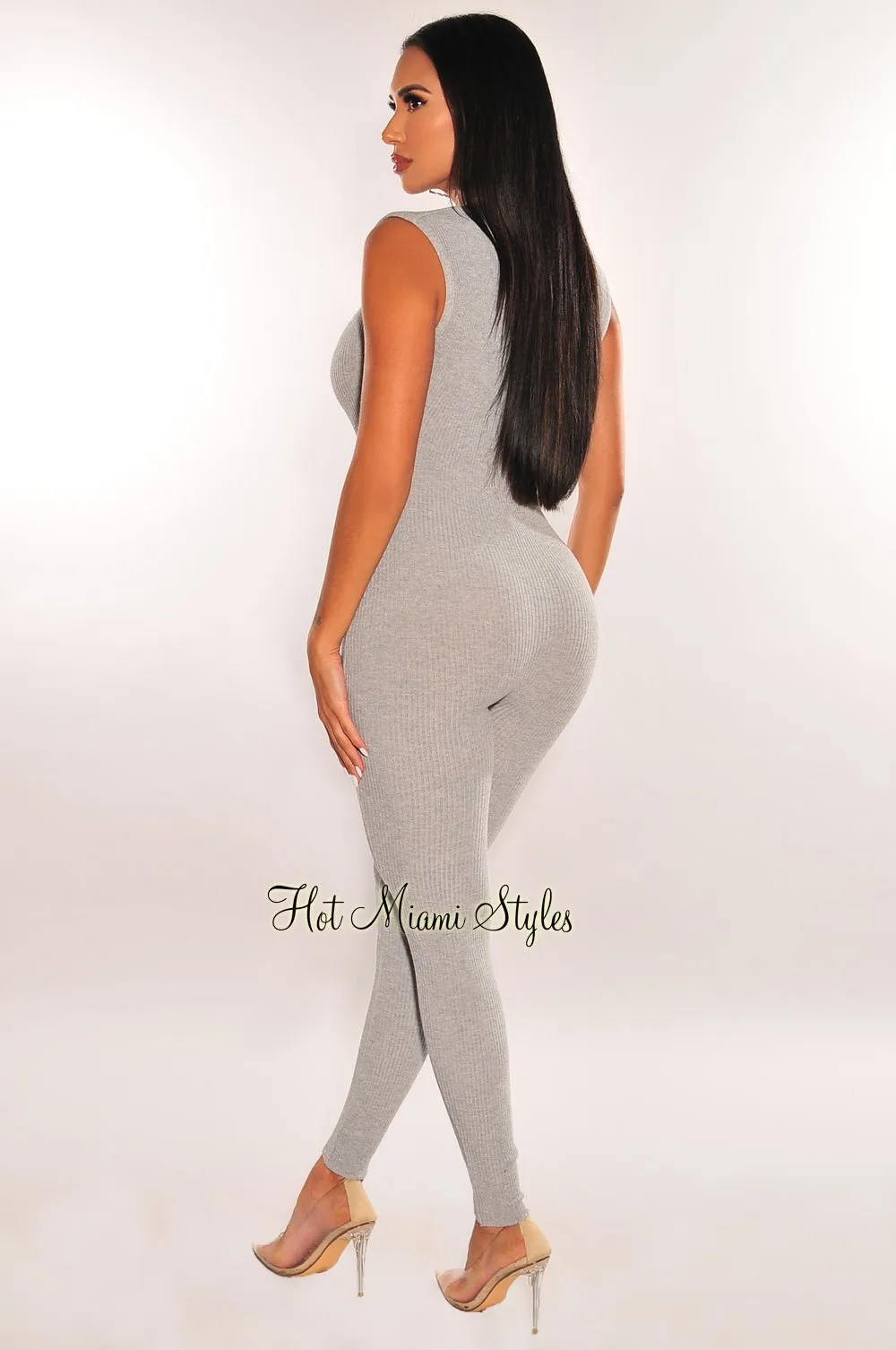 Gray Ribbed Knit Low Plunge Sleeveless Jumpsuit