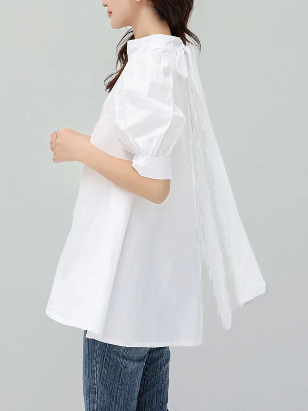 Half Sleeves Loose Bowknot Pleated Solid Color Mock Neck Blouses&Shirts Tops