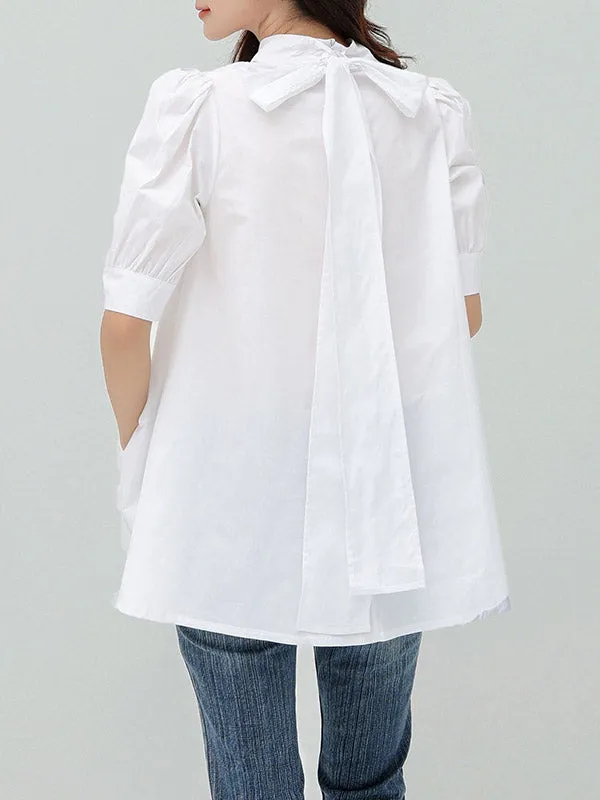 Half Sleeves Loose Bowknot Pleated Solid Color Mock Neck Blouses&Shirts Tops