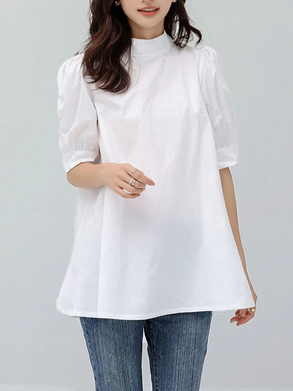 Half Sleeves Loose Bowknot Pleated Solid Color Mock Neck Blouses&Shirts Tops