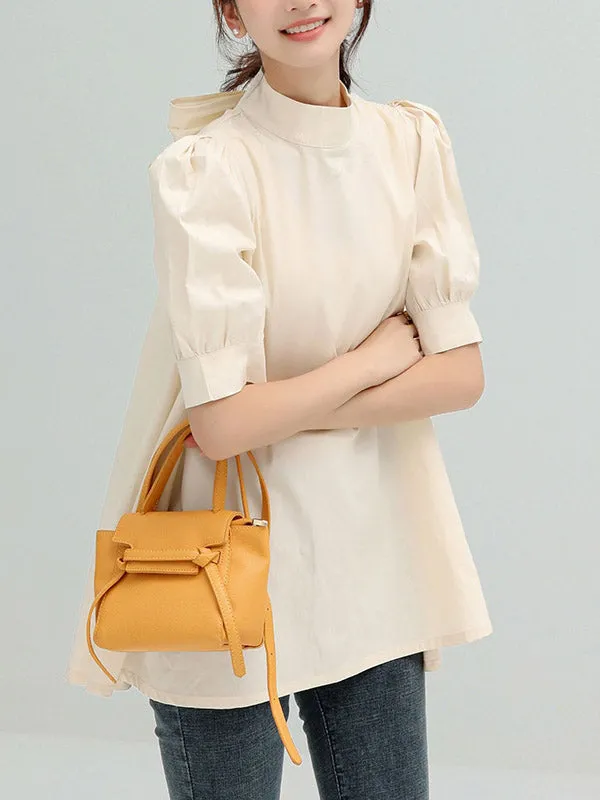 Half Sleeves Loose Bowknot Pleated Solid Color Mock Neck Blouses&Shirts Tops