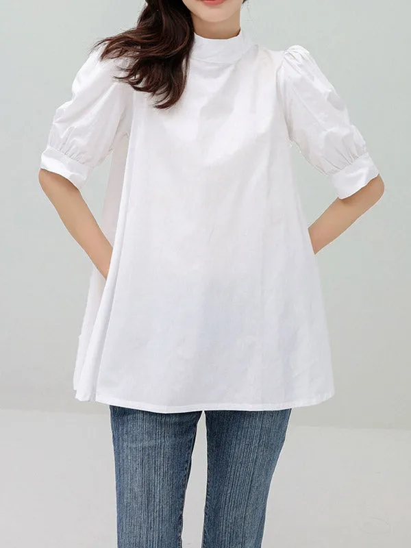 Half Sleeves Loose Bowknot Pleated Solid Color Mock Neck Blouses&Shirts Tops