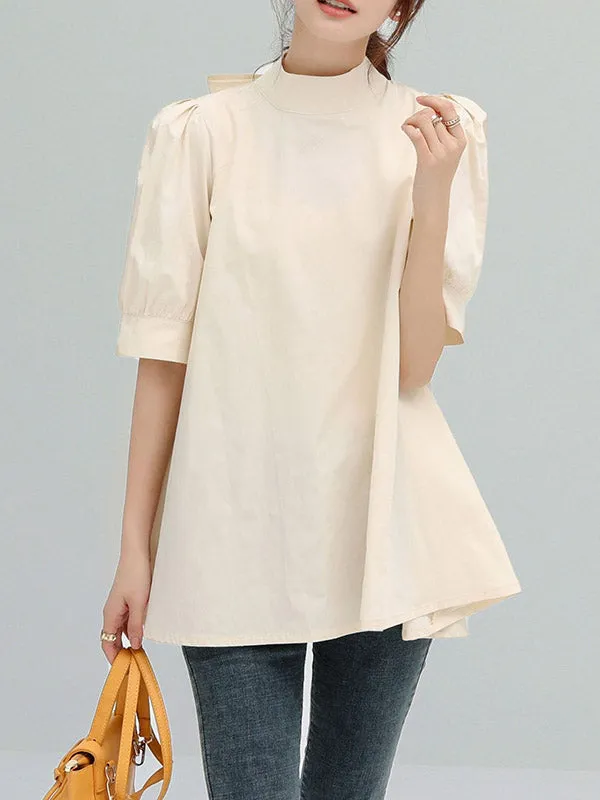 Half Sleeves Loose Bowknot Pleated Solid Color Mock Neck Blouses&Shirts Tops