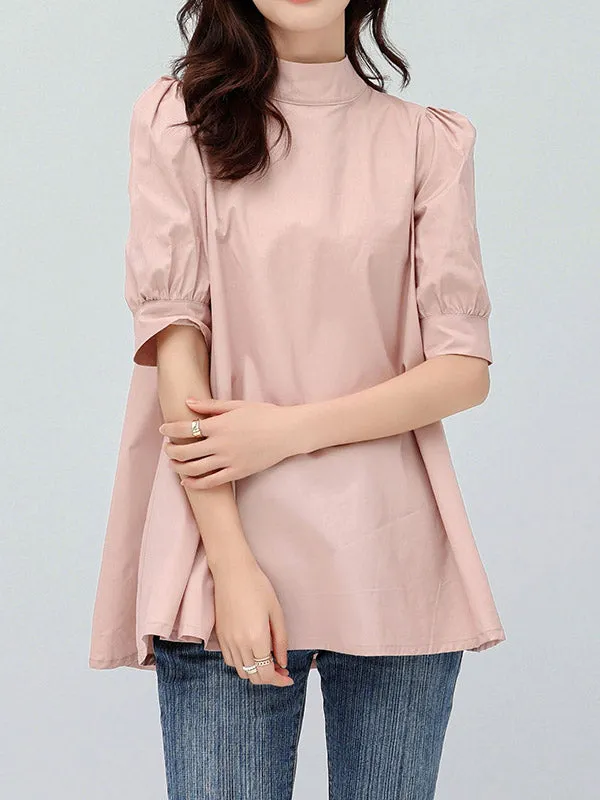 Half Sleeves Loose Bowknot Pleated Solid Color Mock Neck Blouses&Shirts Tops