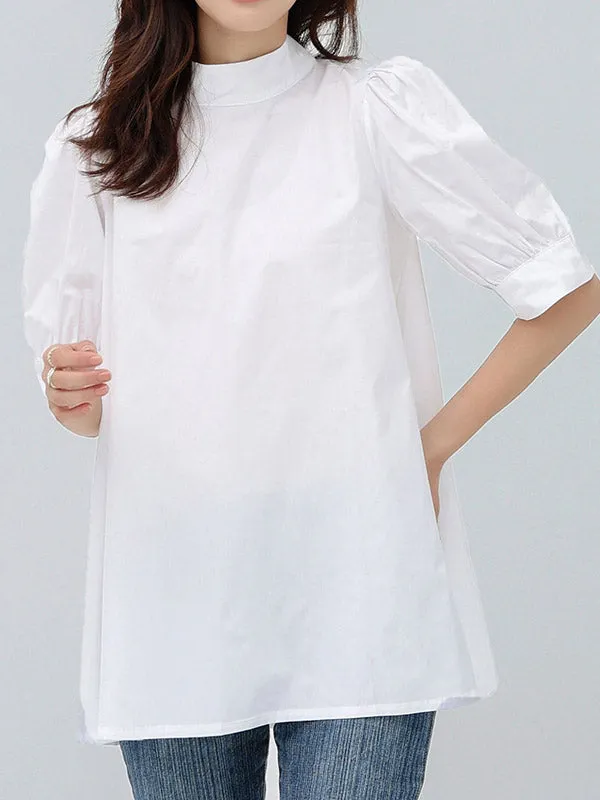 Half Sleeves Loose Bowknot Pleated Solid Color Mock Neck Blouses&Shirts Tops