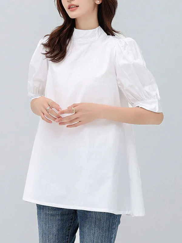 Half Sleeves Loose Bowknot Pleated Solid Color Mock Neck Blouses&Shirts Tops