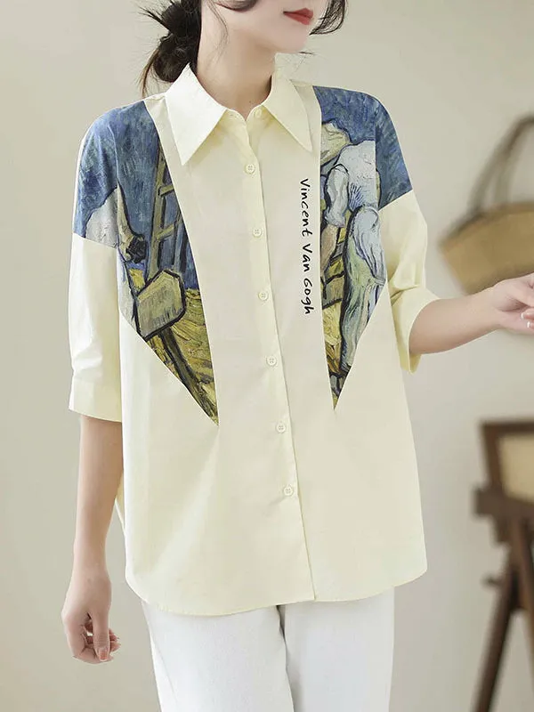 Half Sleeves Loose Printed Lapel Blouses&Shirts Tops