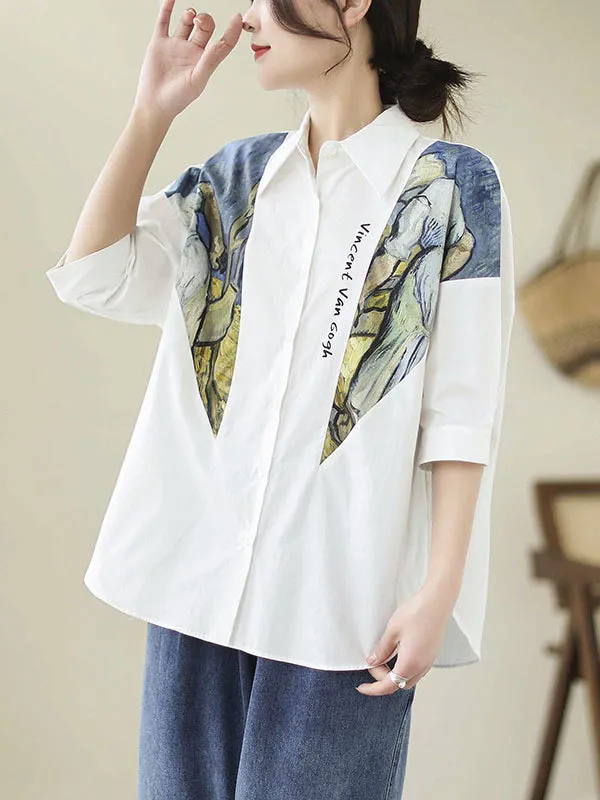 Half Sleeves Loose Printed Lapel Blouses&Shirts Tops