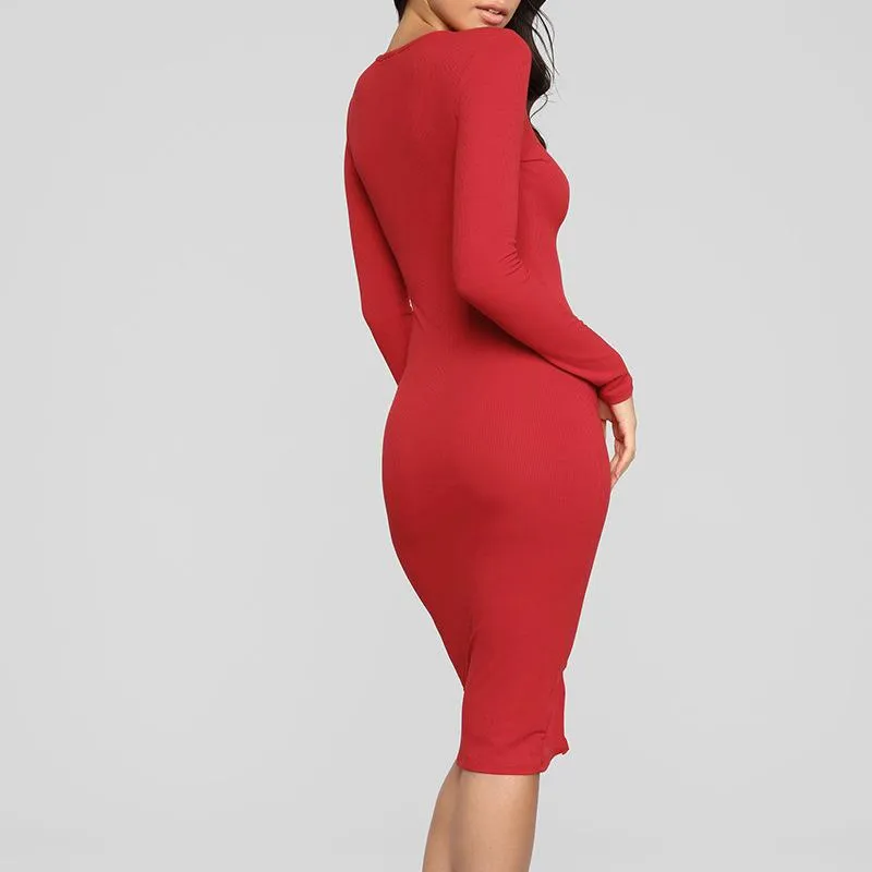 Long-sleeved sweater slim sexy ribbed button knitted hip dress