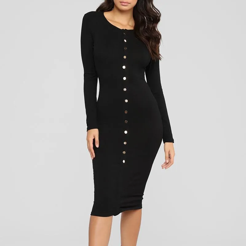 Long-sleeved sweater slim sexy ribbed button knitted hip dress