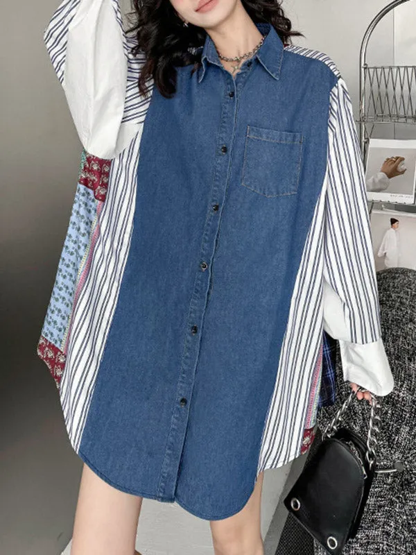 Long Sleeves Loose Buttoned Contrast Color Pockets Split-Joint Striped Lapel Blouses&Shirts Tops