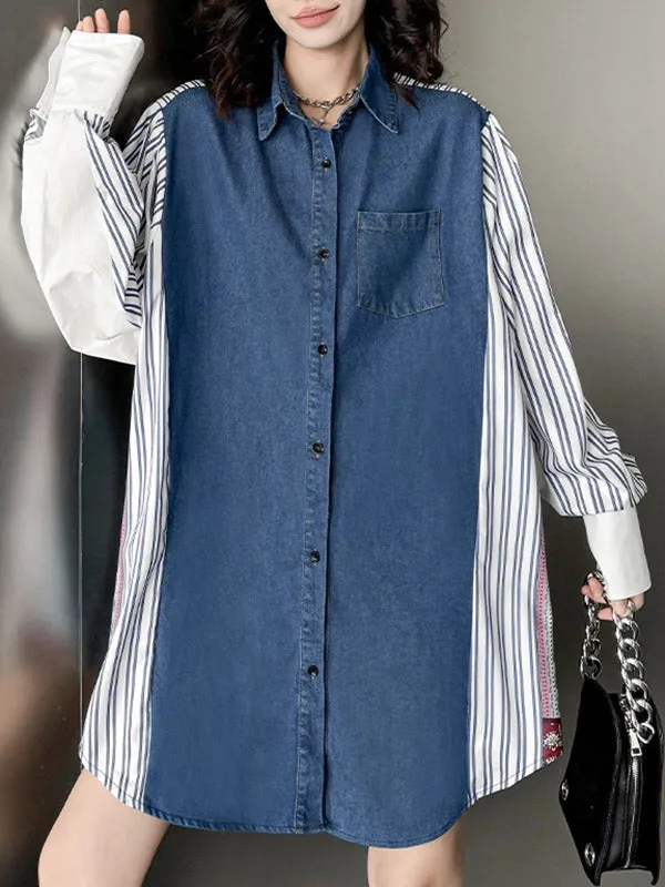 Long Sleeves Loose Buttoned Contrast Color Pockets Split-Joint Striped Lapel Blouses&Shirts Tops