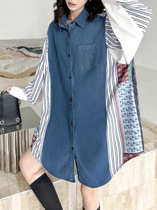 Long Sleeves Loose Buttoned Contrast Color Pockets Split-Joint Striped Lapel Blouses&Shirts Tops