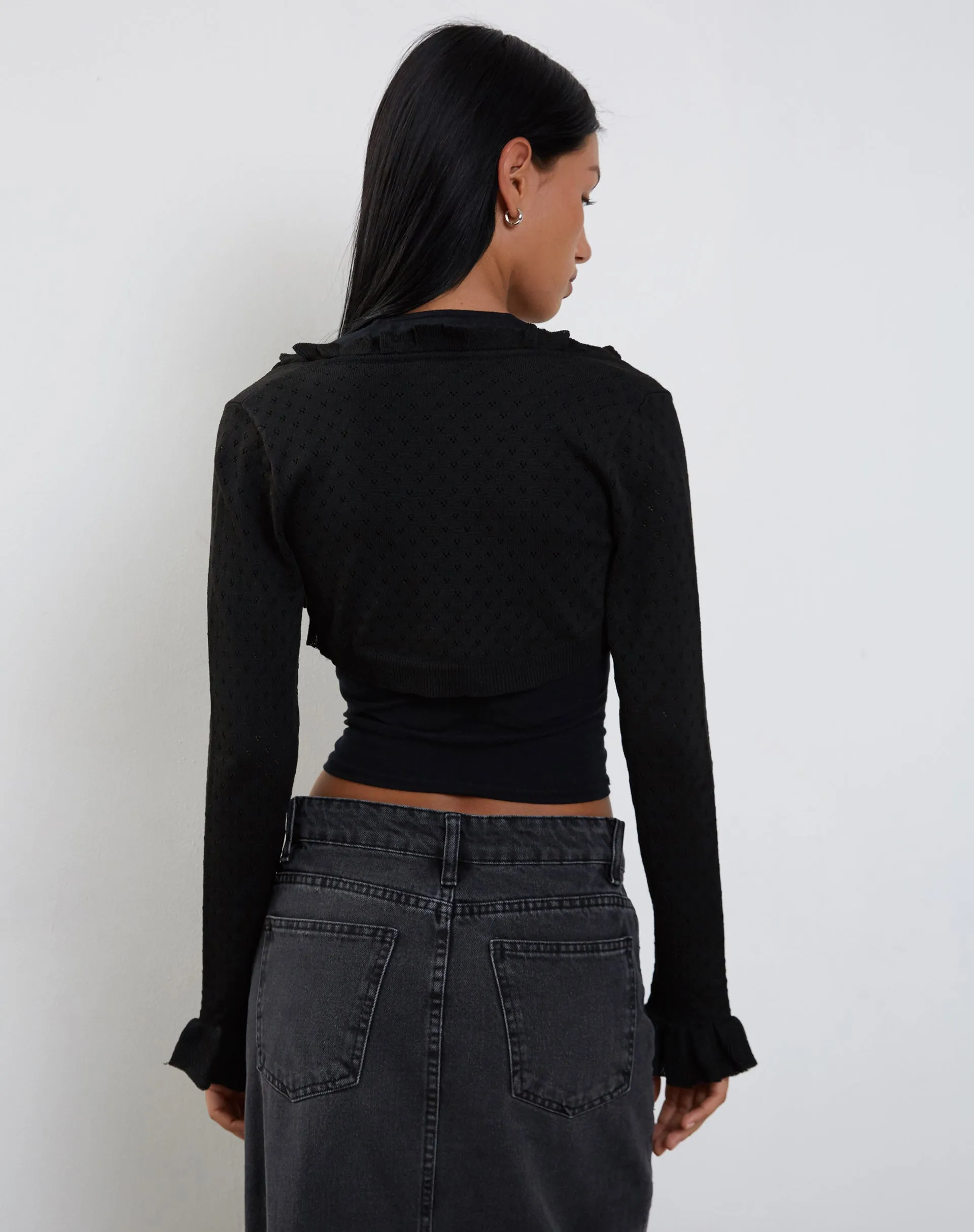 Nimra Knitted Shrug with Frill Sleeve in Black