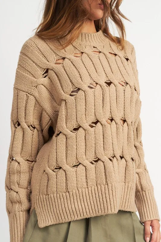 Open Knit Cable Sweater with Slits