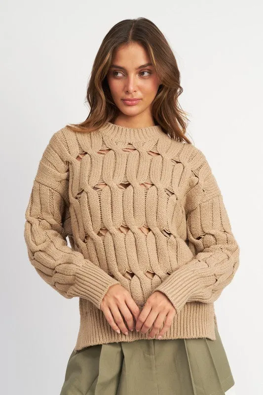 Open Knit Cable Sweater with Slits