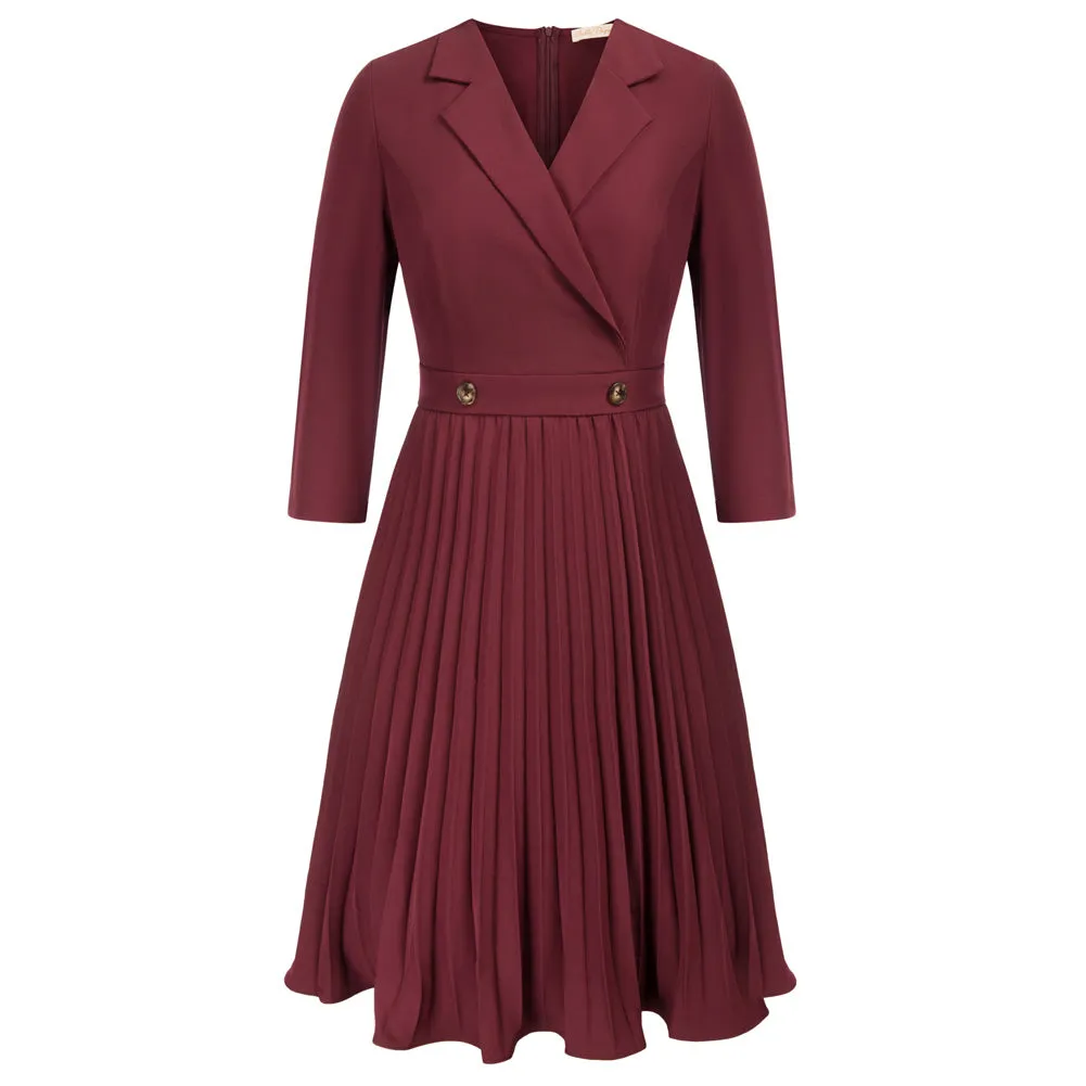 Pleated Dress 3/4 Sleeve Lapel Collar V-Neck Defined Waist A-Line Dress